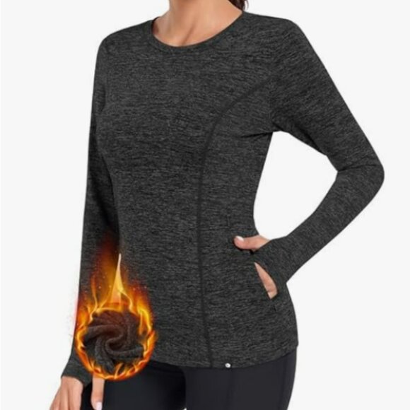 Thermal Fleece with Pockets Long Sleeve Running Shirt with Thumb Holes - Picture 1 of 7